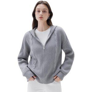 Women Chunky Knit Cashmere Sweaters Zip up Coat Grey